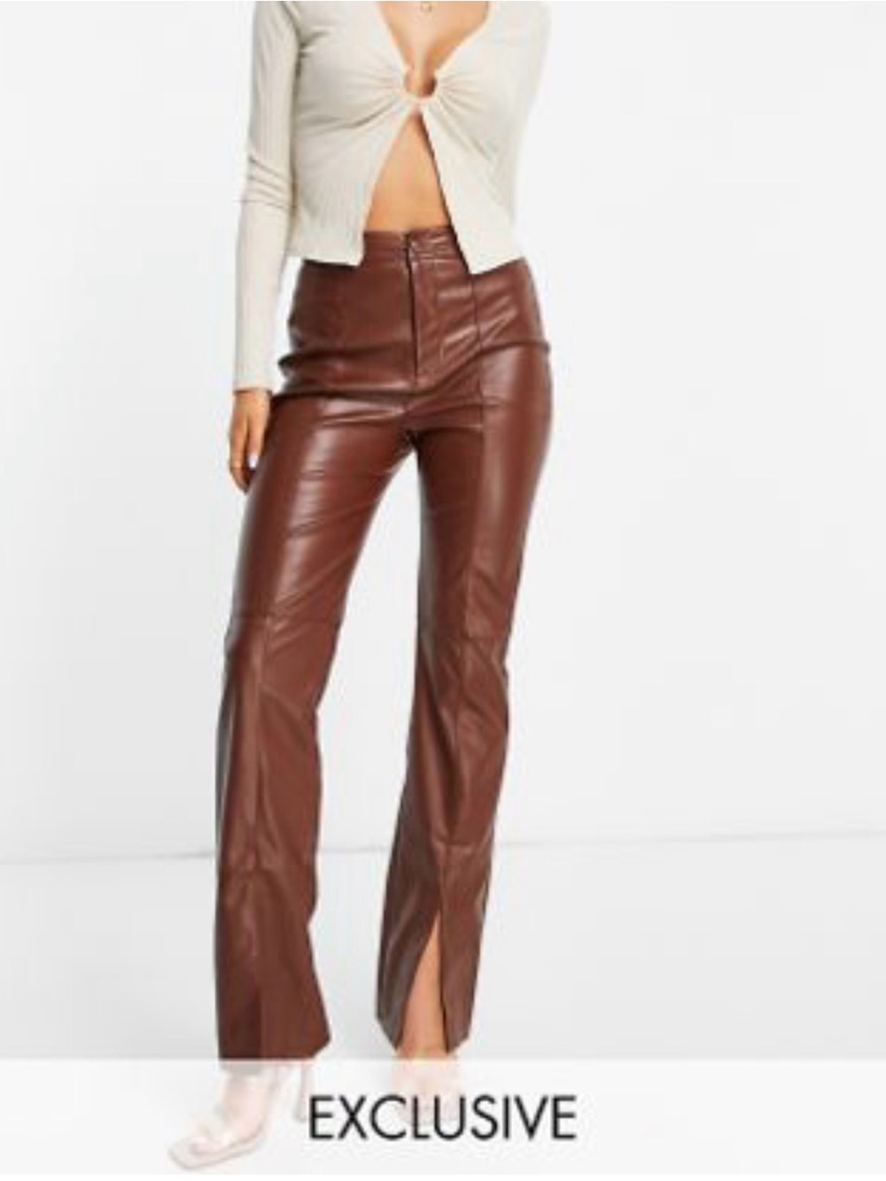 Brown Faux Leather High-Waist Split-Hem Pants